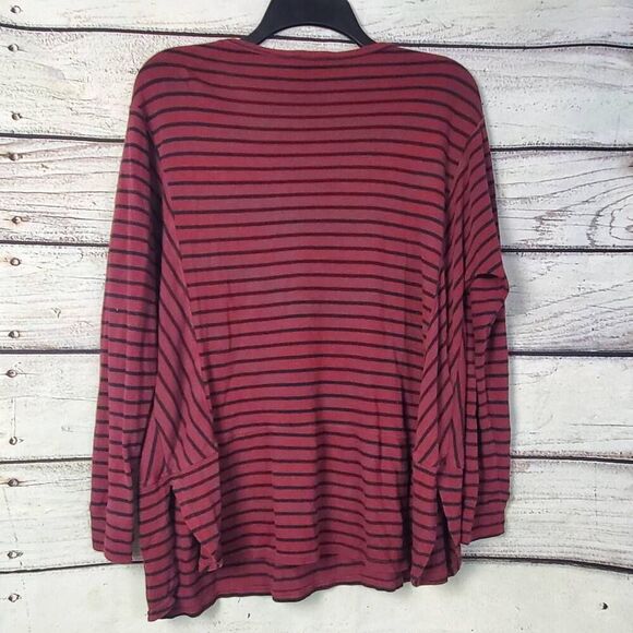 Tribal Women’s Burgundy Black Striped Henley Long Sleeve Top Size L Button Front - Picture 3 of 5
